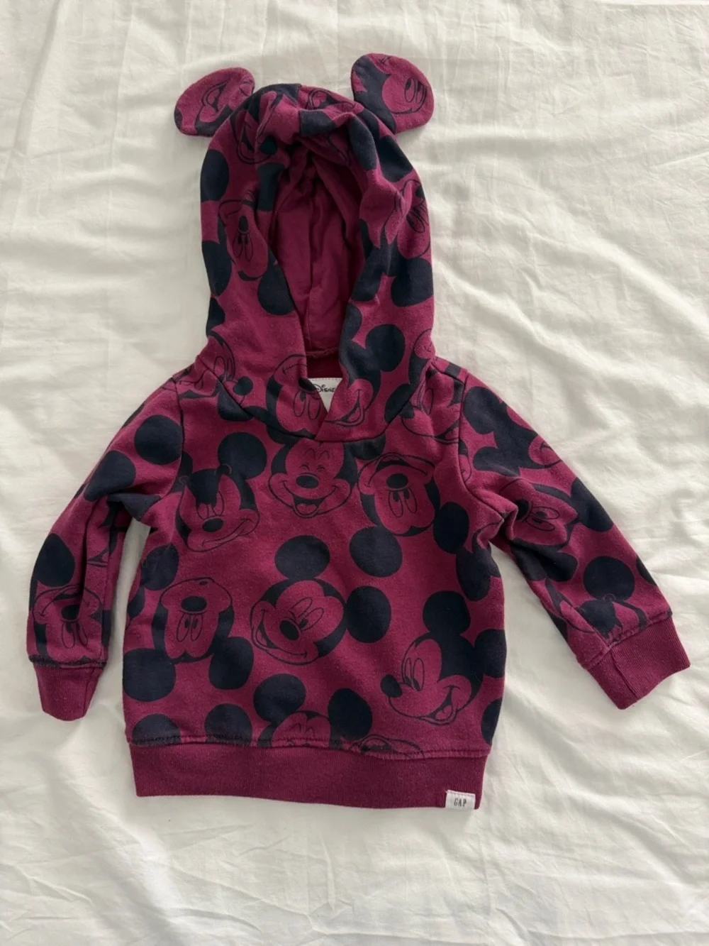 GAP Maroon Hooded Sweatshirt with Navy Mickey Print and Ear Hood baby 6 months